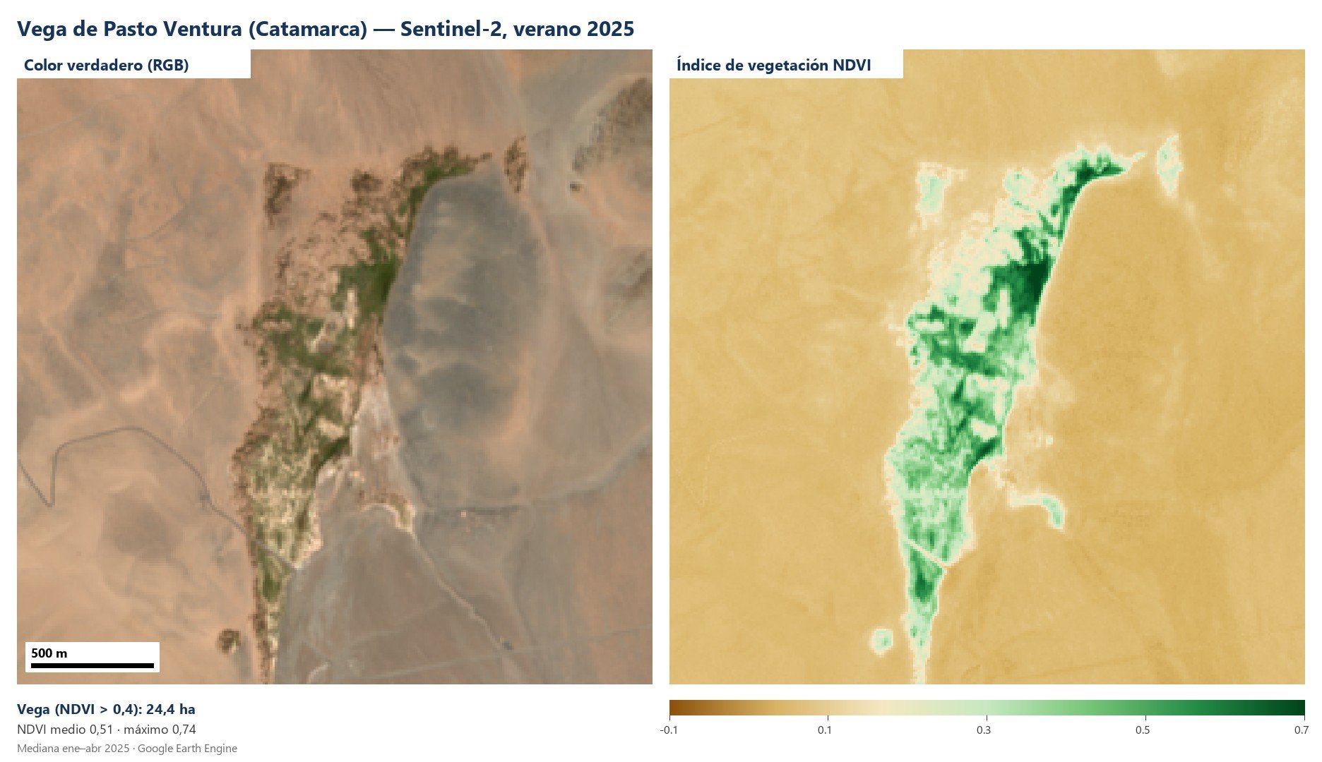 Vega de Pasto Ventura (Catamarca): color verdadero y NDVI a partir de Sentinel-2 (mediana ene–abr 2025), procesado en Google Earth Engine.